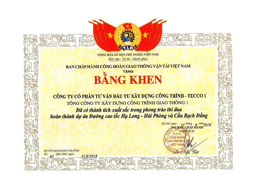  Bằng khen - Ban Chấp hành Công đoàn GTVT Việt Nam năm 2018