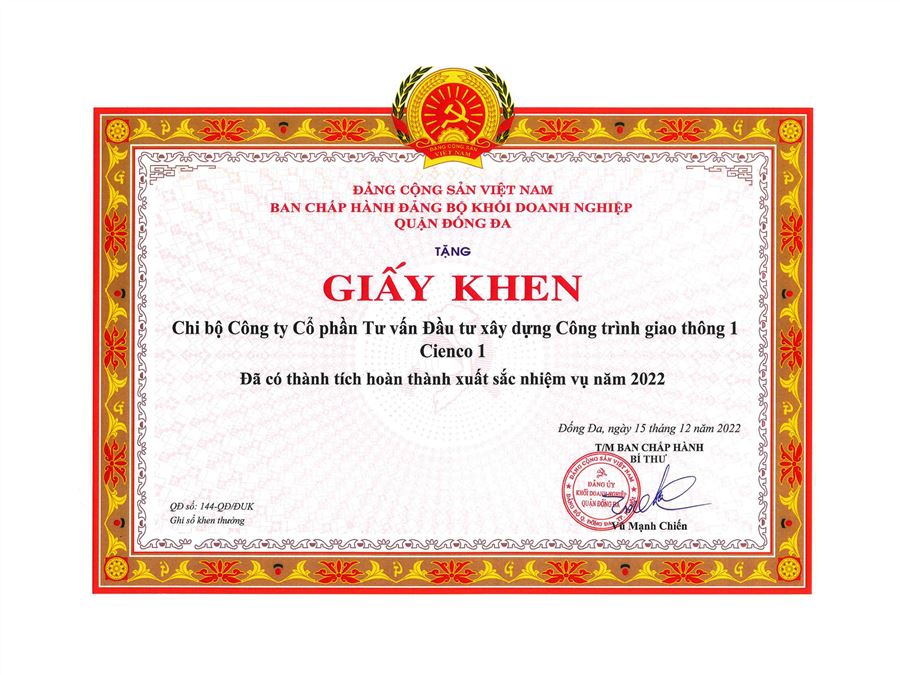  Giấy khen - Ban chấp hàng Đảng bộ Khối DN quận Đống Đa năm 2022